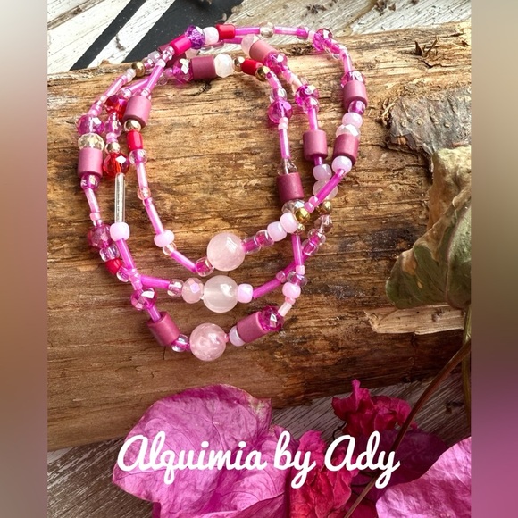 Pink quartz beaded gemstone bracelets stack - Picture 1 of 3